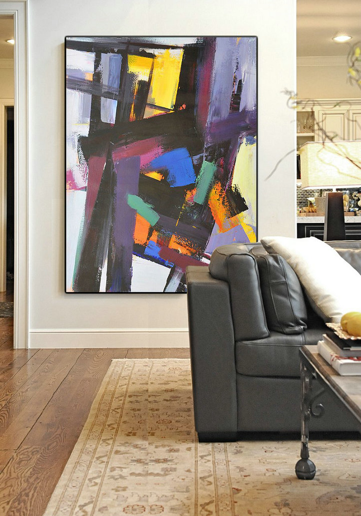 Vertical Palette Knife Contemporary Art,Acrylic Painting On Canvas,Black,Purple,Pink,Blue,Yellow,Brown